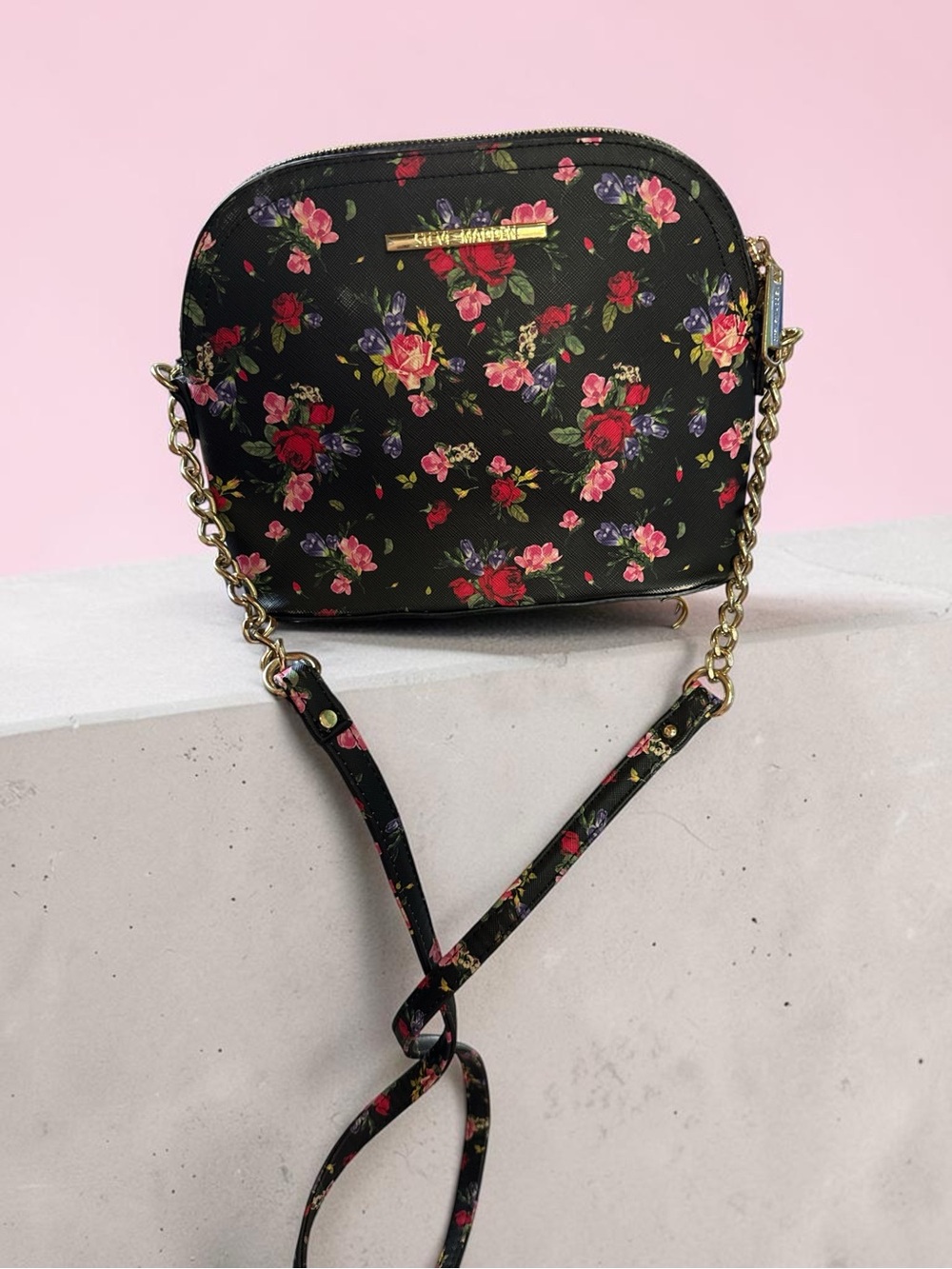 Steve Madden Black Floral Crossbody with Gold Chain Detail